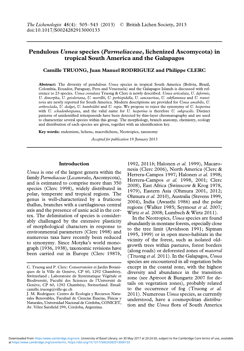 Pendulous Usnea Species (Parmeliaceae, Lichenized Ascomycota) in Tropical South America and the Galapagos