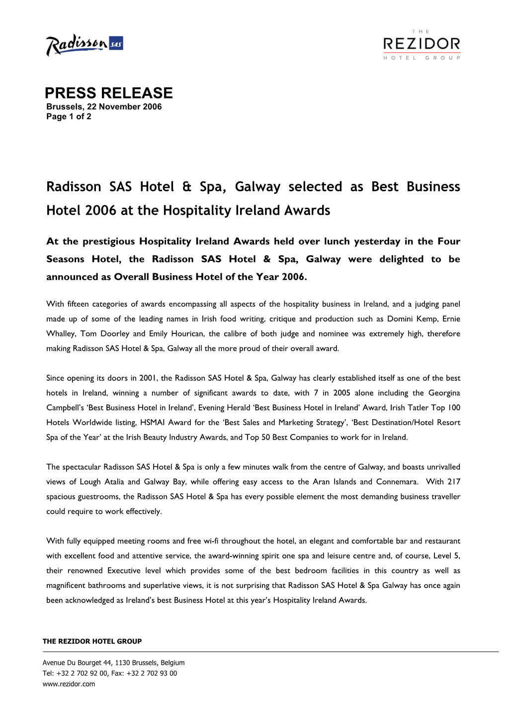 Radisson SAS Hotel & Spa, Galway Selected As Best Business Hotel 2006 at the Hospitality Ireland Awards