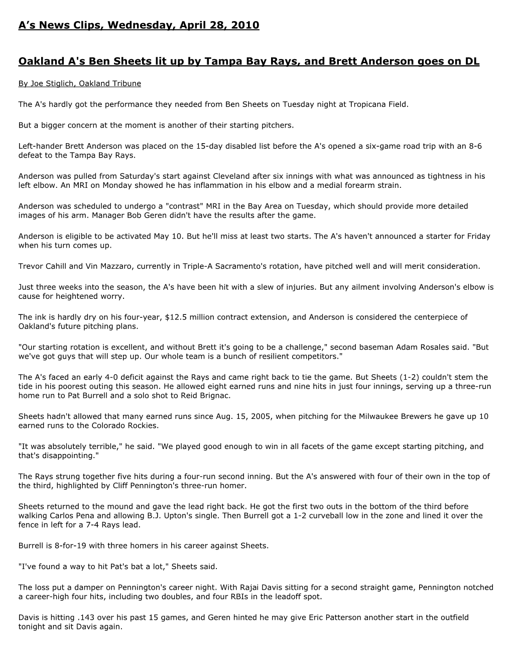 A's News Clips, Wednesday, April 28, 2010 Oakland A's Ben Sheets