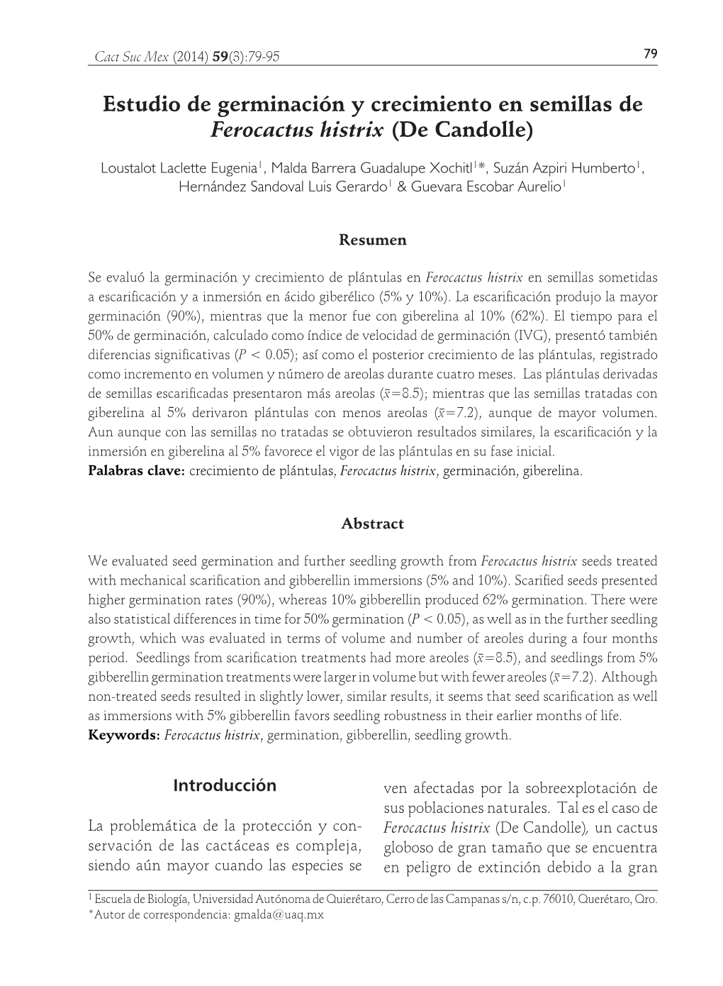 Estudio De Germinación Y Crecimiento En Semillas De Ferocactus Histrix (De Candolle)