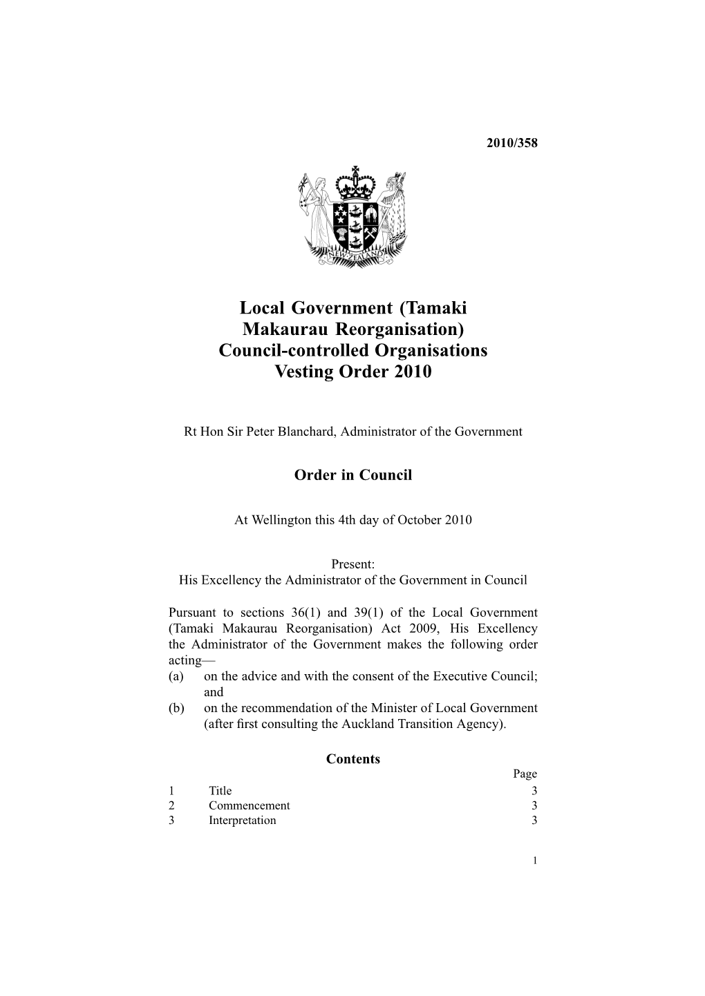 Local Government (Tamaki Makaurau Reorganisation) Council-Controlled Organisations Vesting Order 2010