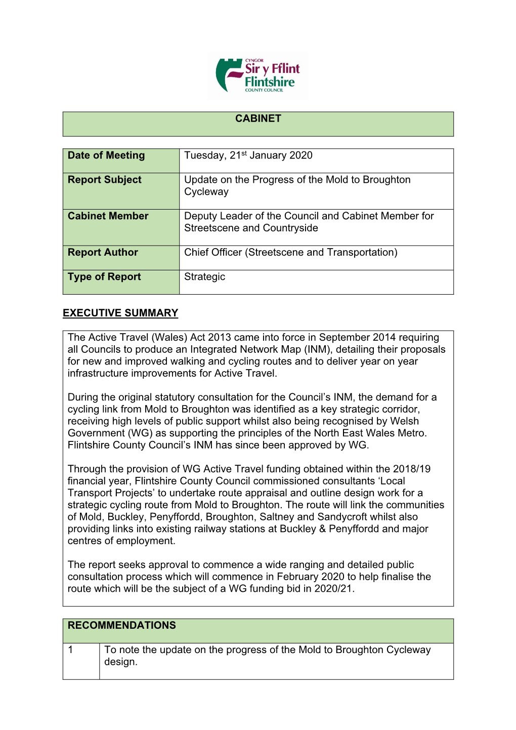 CABINET Date of Meeting Tuesday, 21St January 2020 Report Subject