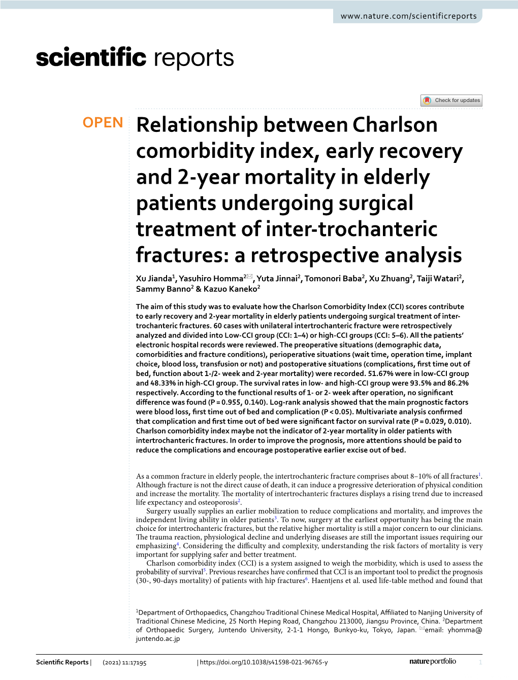 Relationship Between Charlson Comorbidity Index, Early Recovery and 2-Year Mortality in Elderly Patients Undergoing Surgical