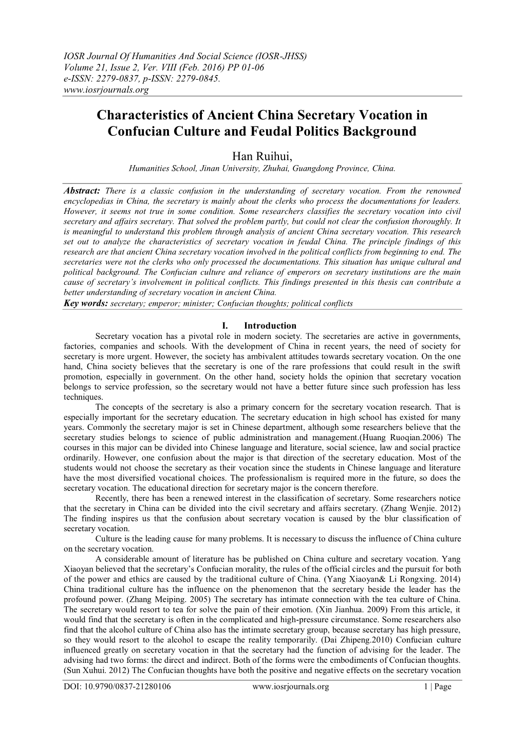 Characteristics of Ancient China Secretary Vocation in Confucian Culture and Feudal Politics Background