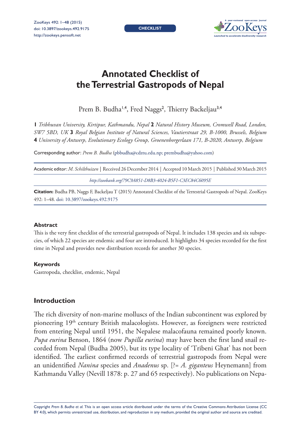 ﻿Annotated Checklist of the Terrestrial Gastropods of Nepal