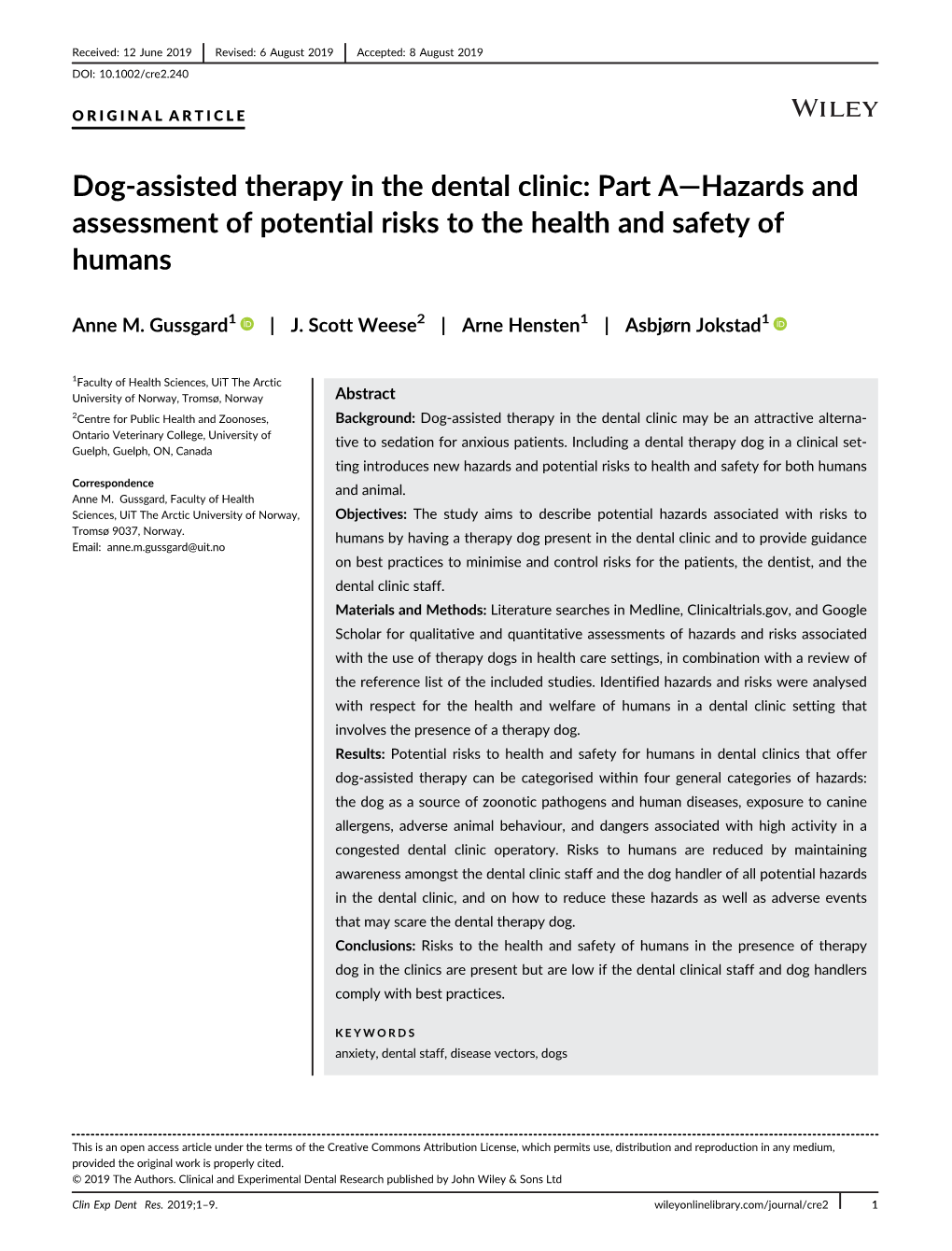 Dog-Assisted Therapy in the Dental Clinic: Part A—Hazards and Assessment of Potential Risks to the Health and Safety of Humans
