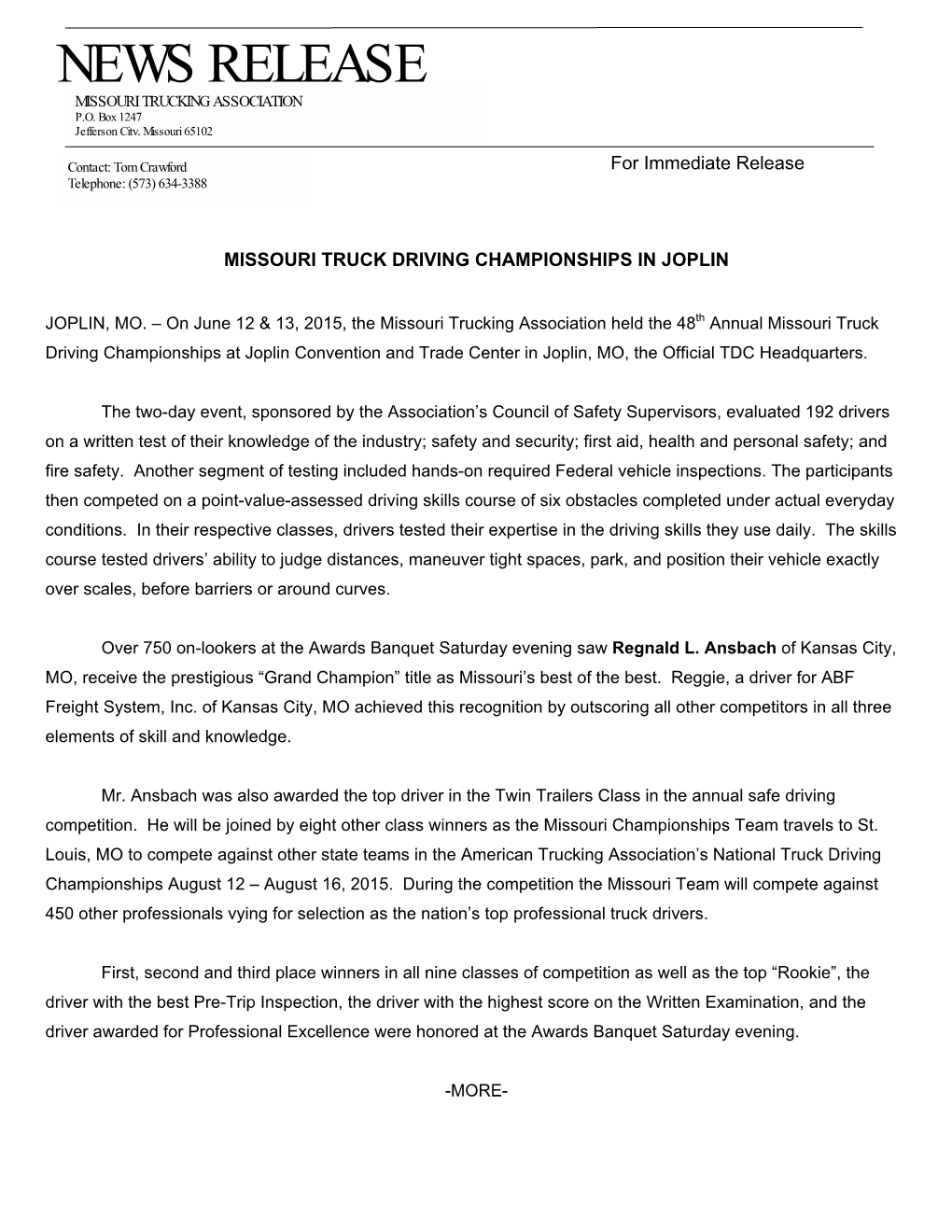 News Release Missouri Trucking Association P.O