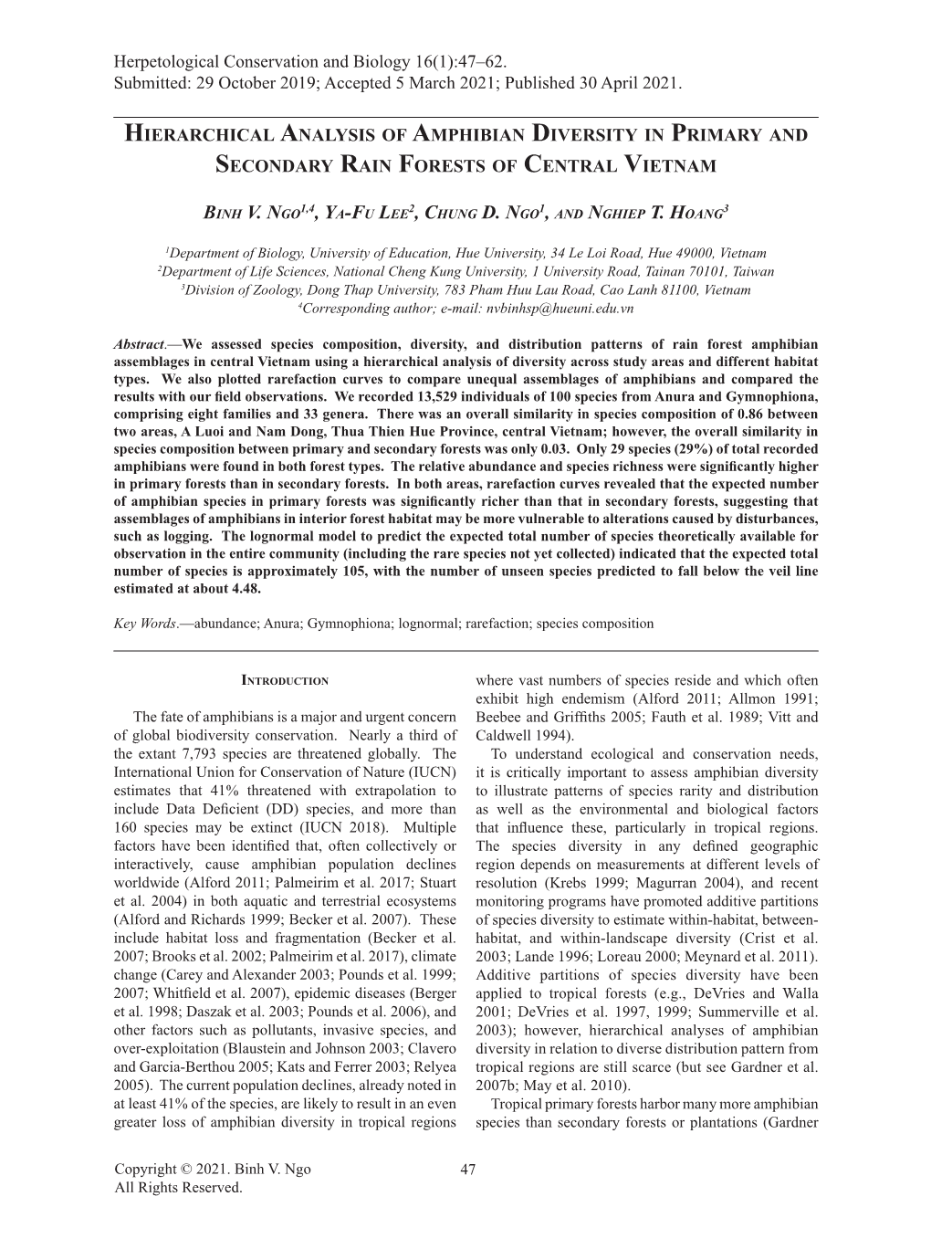 Hierarchical Analysis of Amphibian Diversity in Primary and Secondary Rain Forests of Central Vietnam