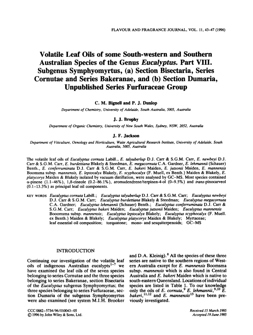 Volatile Leaf Oils of Some South-Western and Southern Australian Species of the Genus Eucalyptus