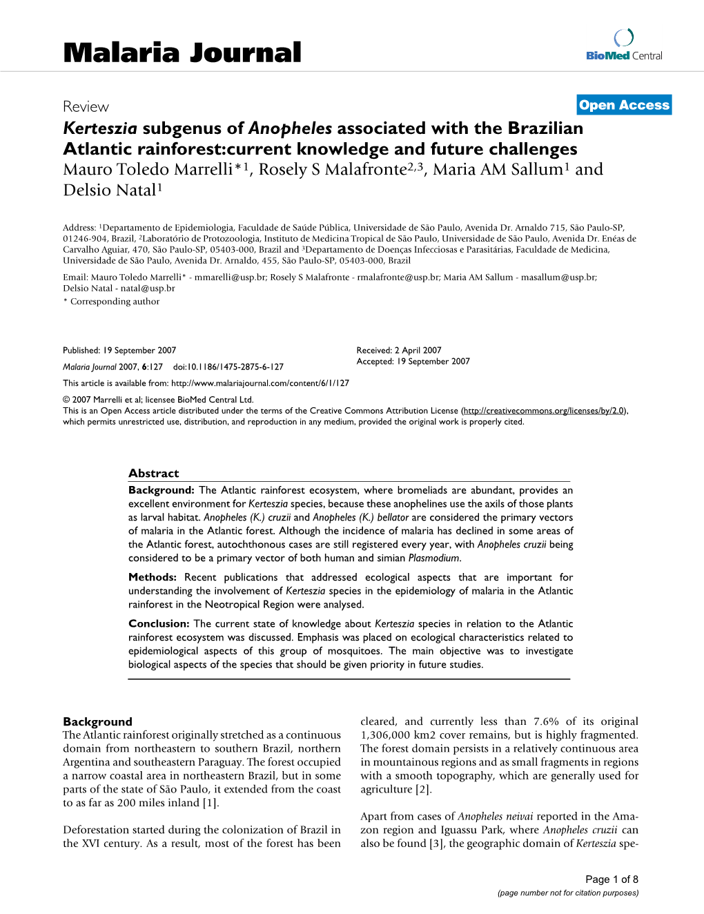 Kerteszia Subgenus of Anopheles Associated with the Brazilian