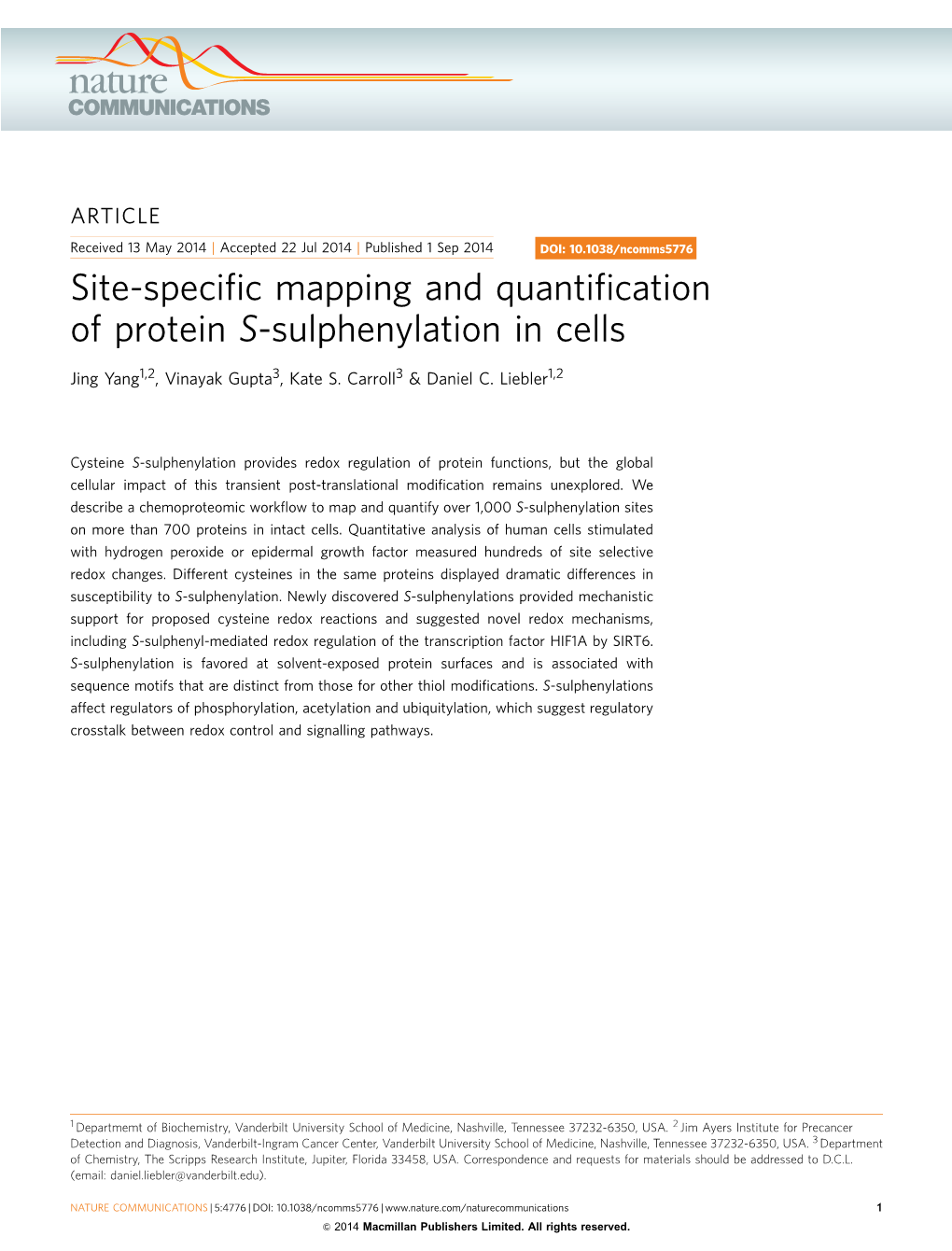 Site-Specific Mapping and Quantification of Protein S