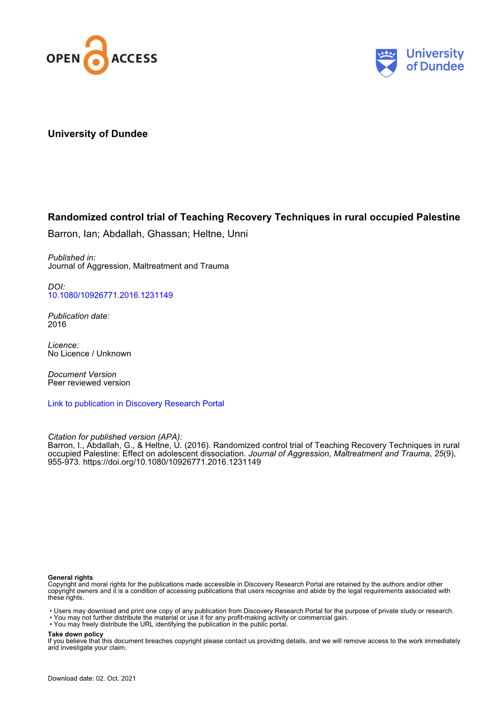 University of Dundee Randomized Control Trial of Teaching Recovery Techniques in Rural Occupied Palestine Barron