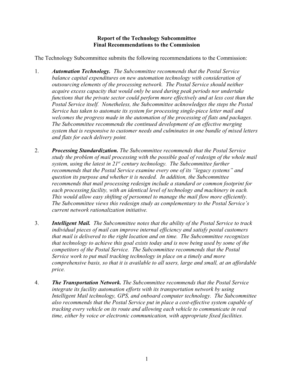 Report Of The Technology Subcommittee