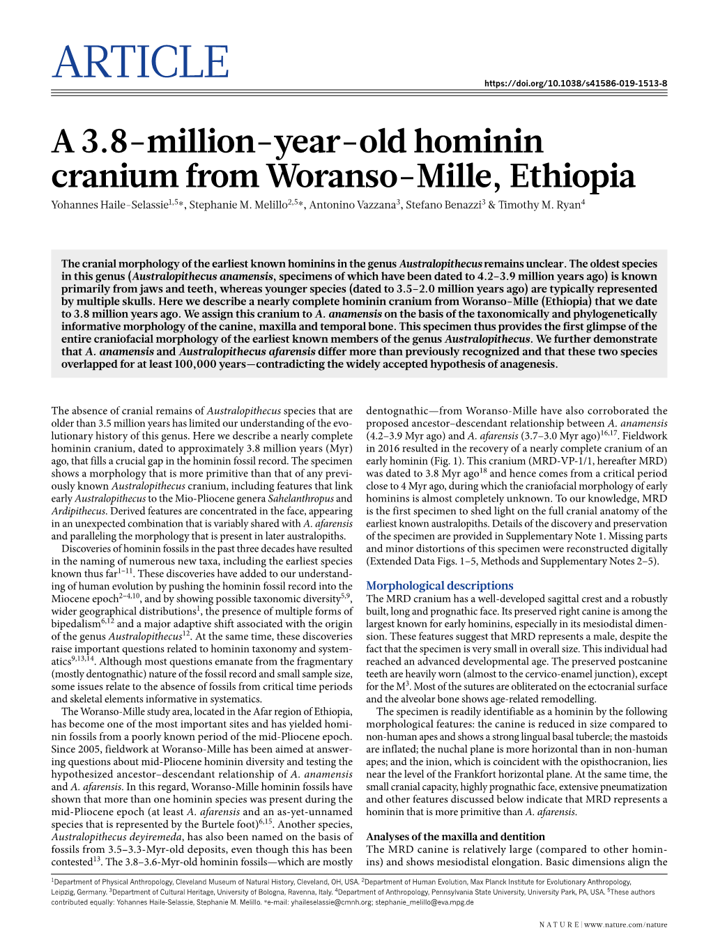 A 3.8-Million-Year-Old Hominin Cranium from Woranso-Mille, Ethiopia Yohannes Haile-Selassie1,5*, Stephanie M