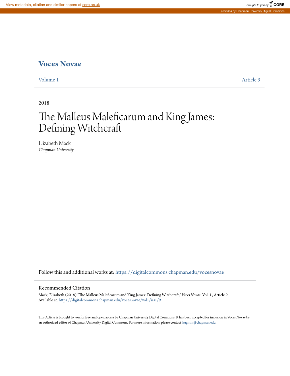 The Malleus Maleficarum and King James: Defining Witchcraft the Malleus Maleficarum and King James: Defining Witchcraft