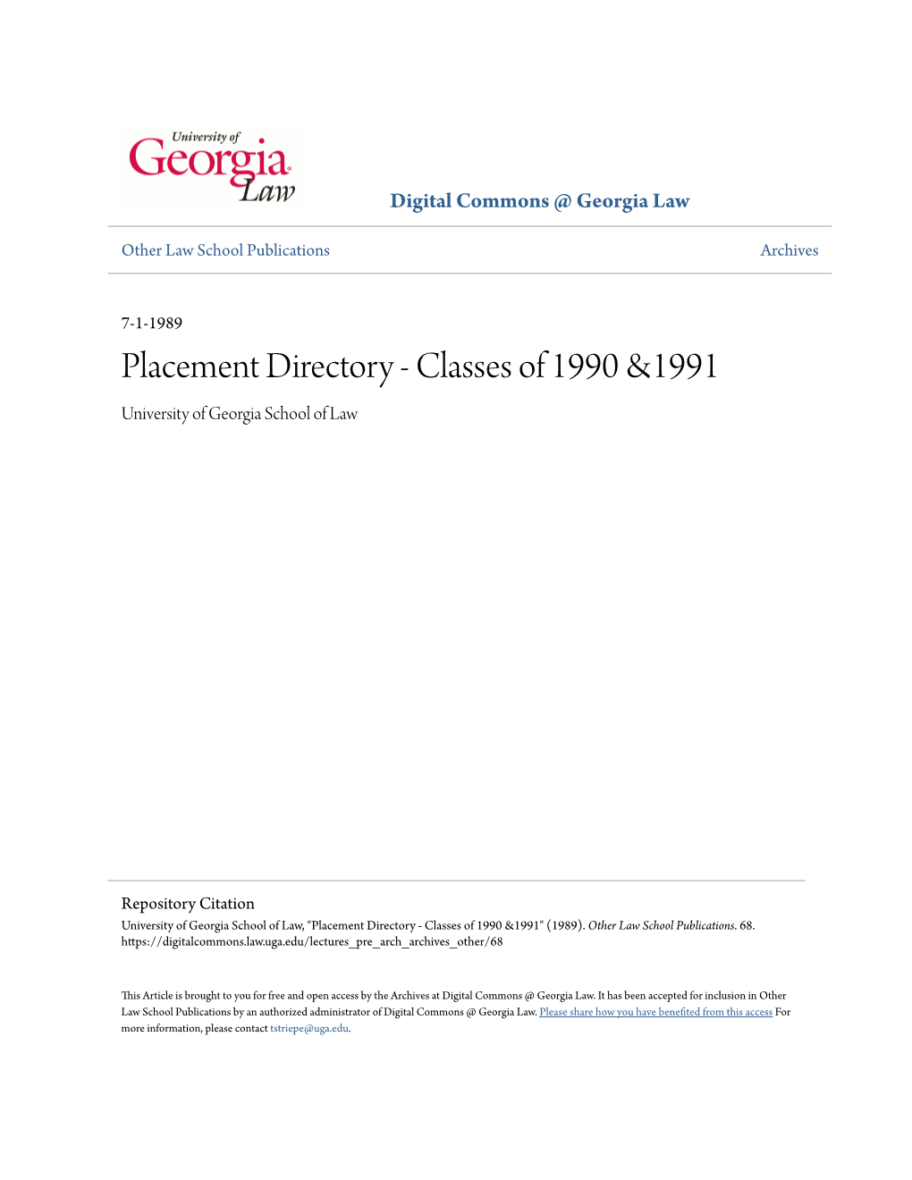 Placement Directory - Classes of 1990 &1991 University of Georgia School of Law