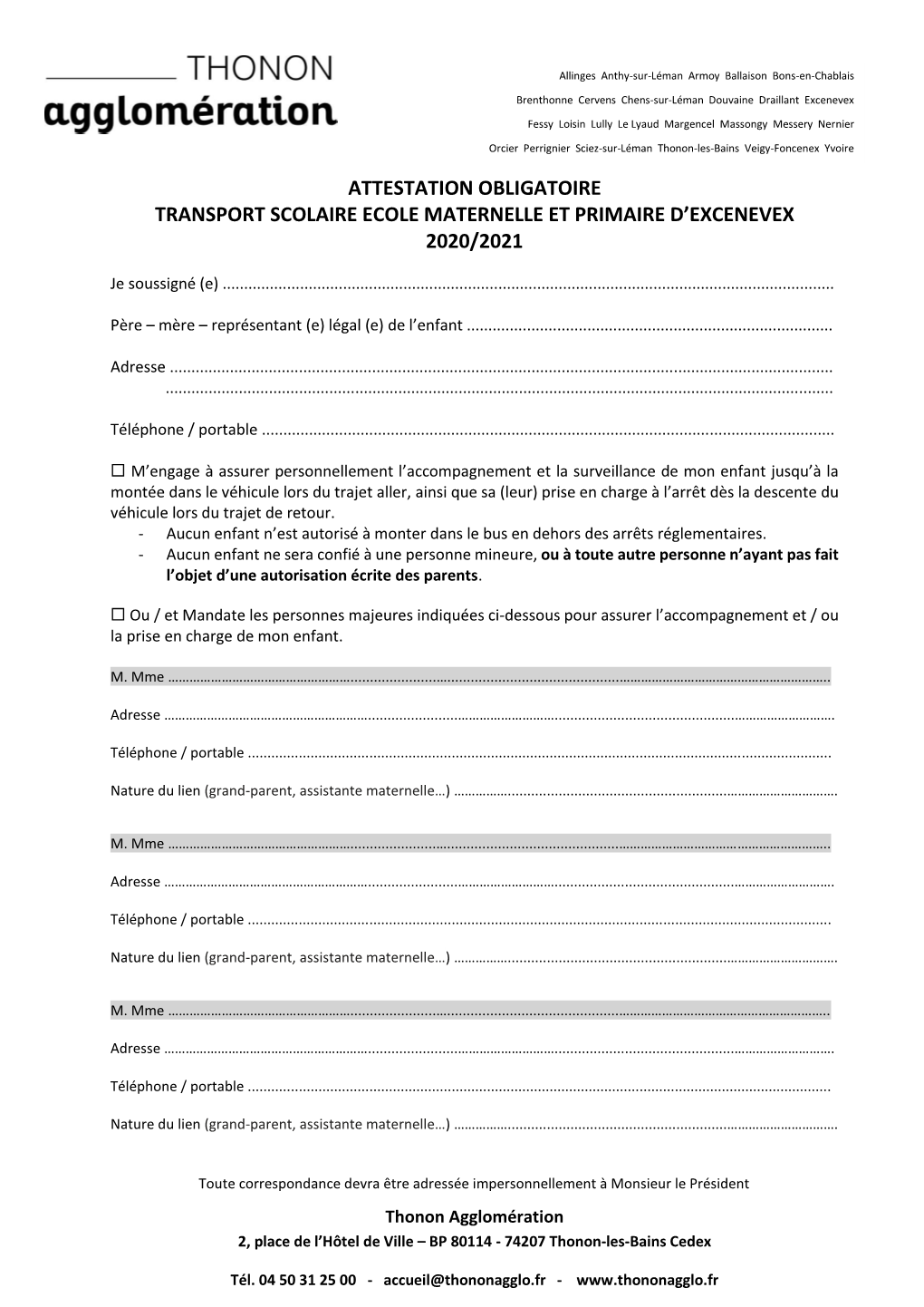 Attestation Obligatoire Transport Scolaire Ecole Maternelle Et Primaire D’Excenevex 2020/2021