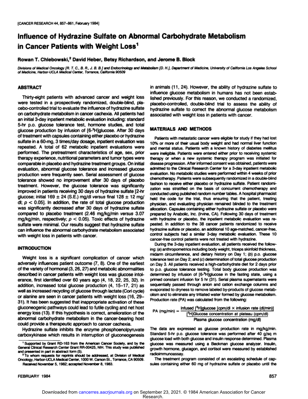 Influence of Hydrazine Sulfate on Abnormal Carbohydrate Metabolism in Cancer Patients with Weight Loss1