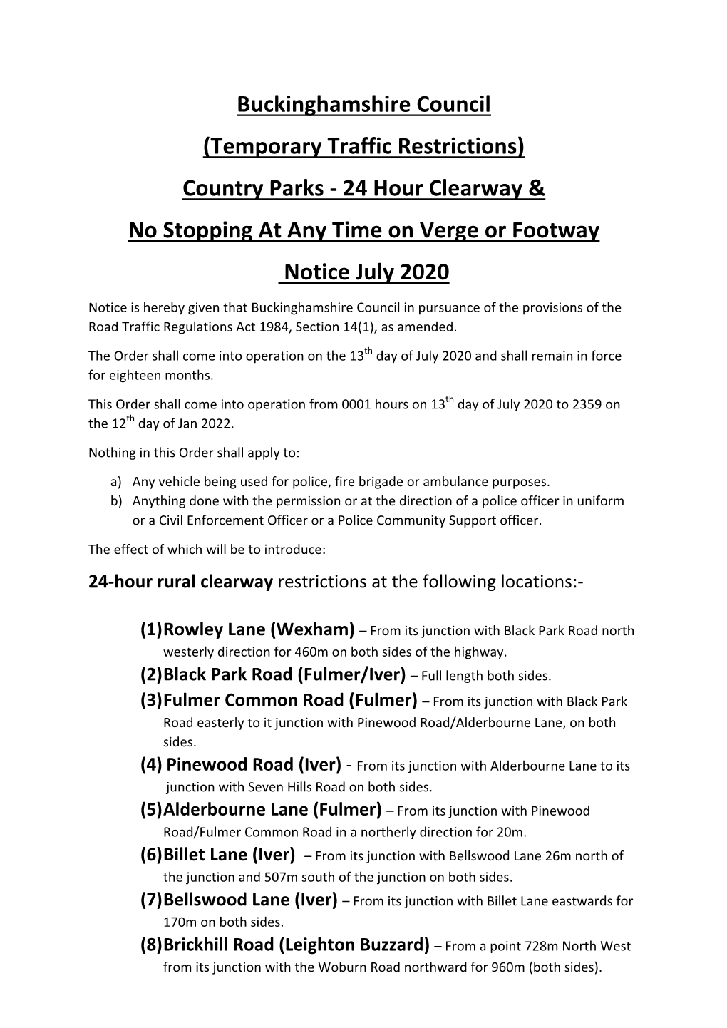 Country Parks - 24 Hour Clearway & No Stopping at Any Time on Verge Or Footway Notice July 2020