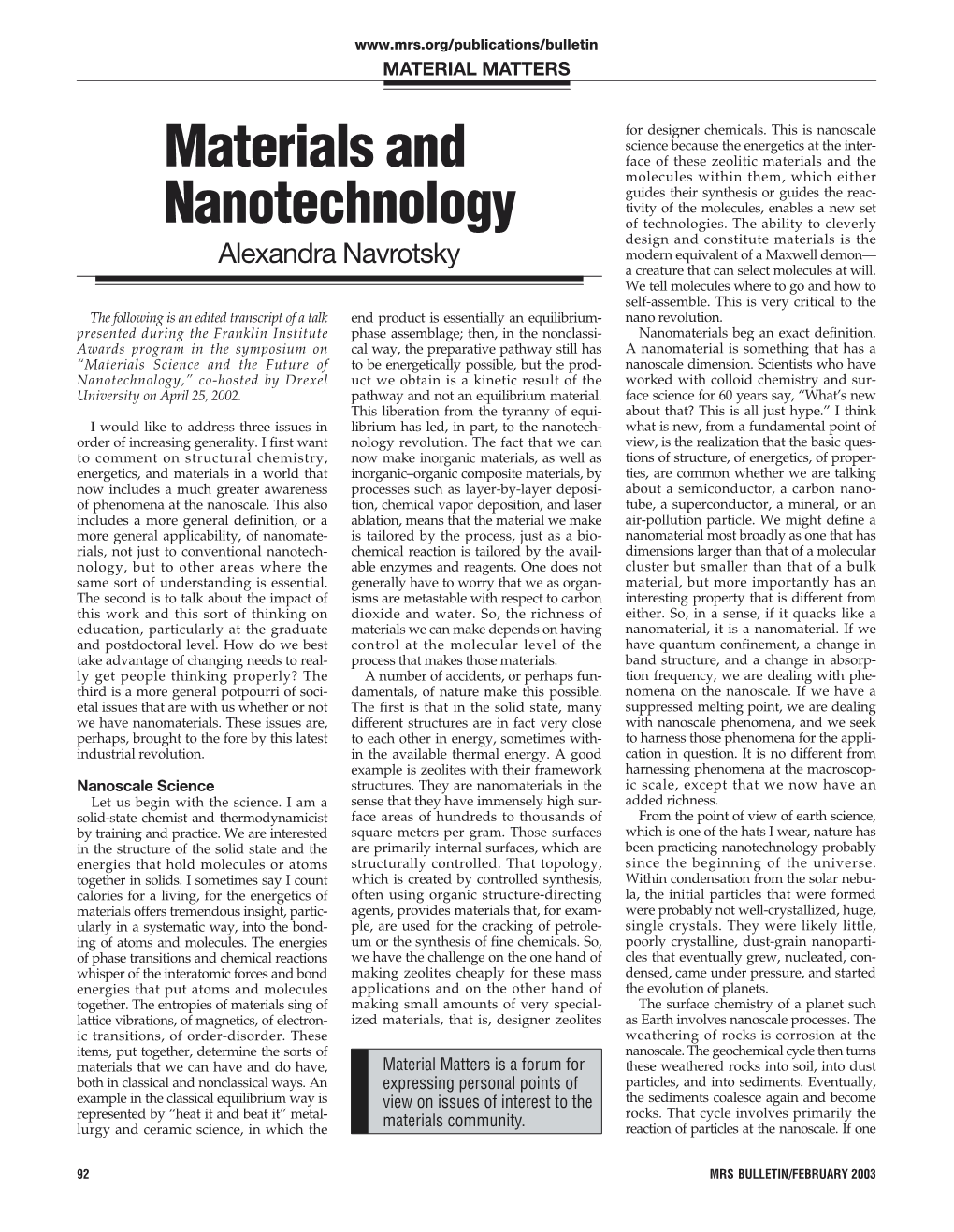 Materials and Nanotechnology