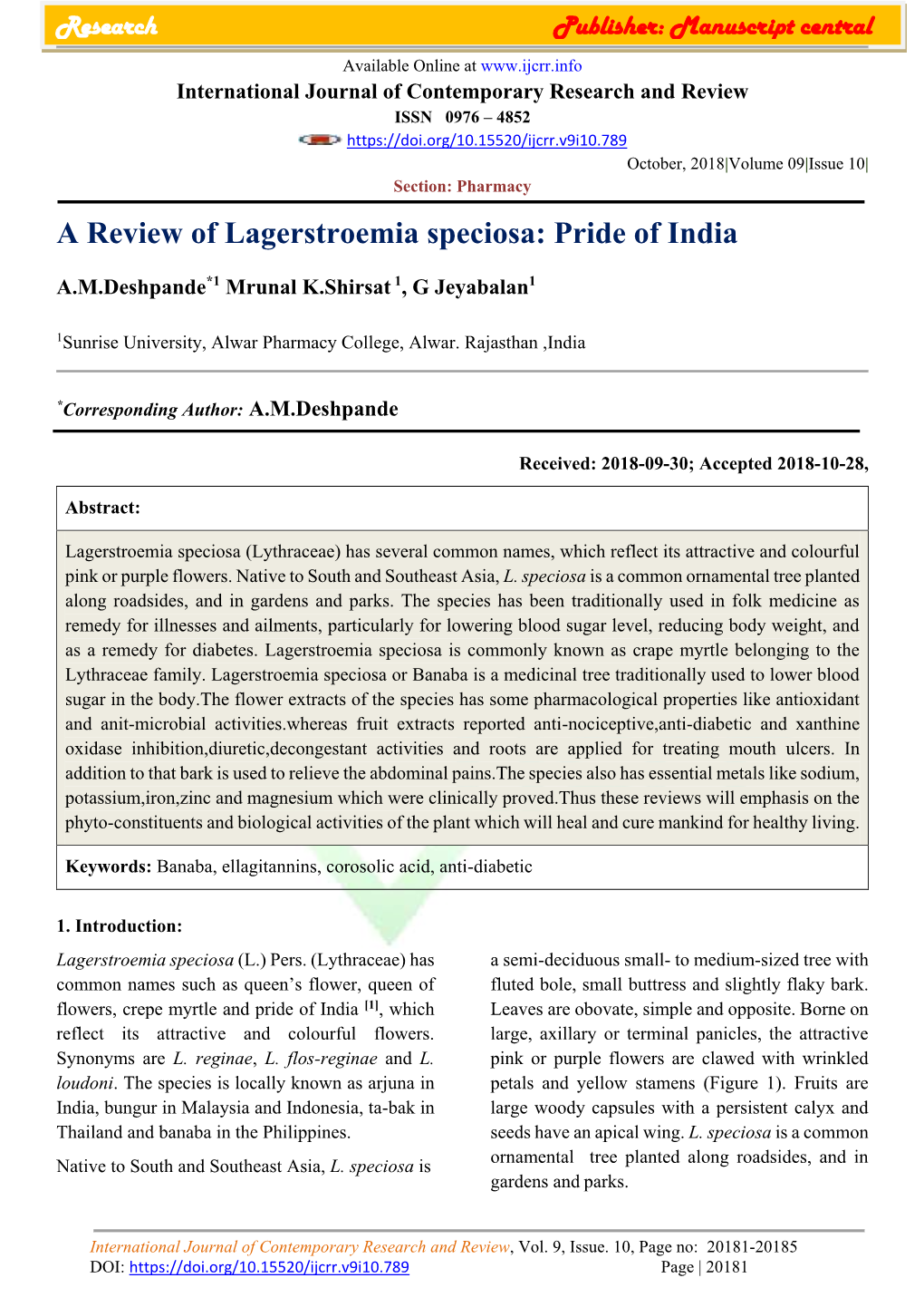 A Review of Lagerstroemia Speciosa: Pride of India