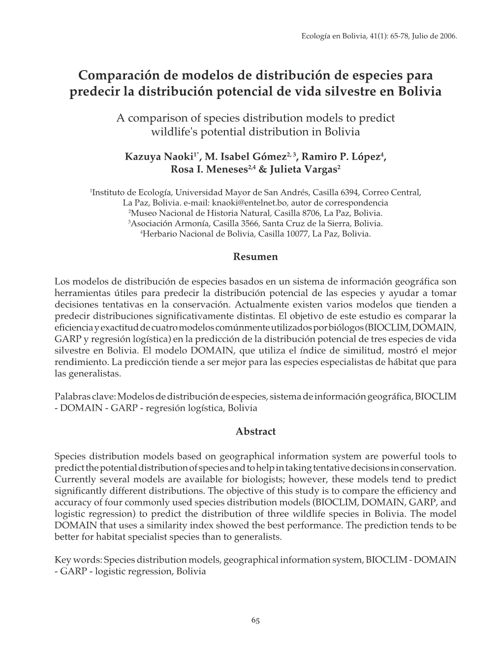 Comparación De Modelos De Distribución De Especies Para Predecir La Distribución Potencial De Vida Silvestre En Bolivia