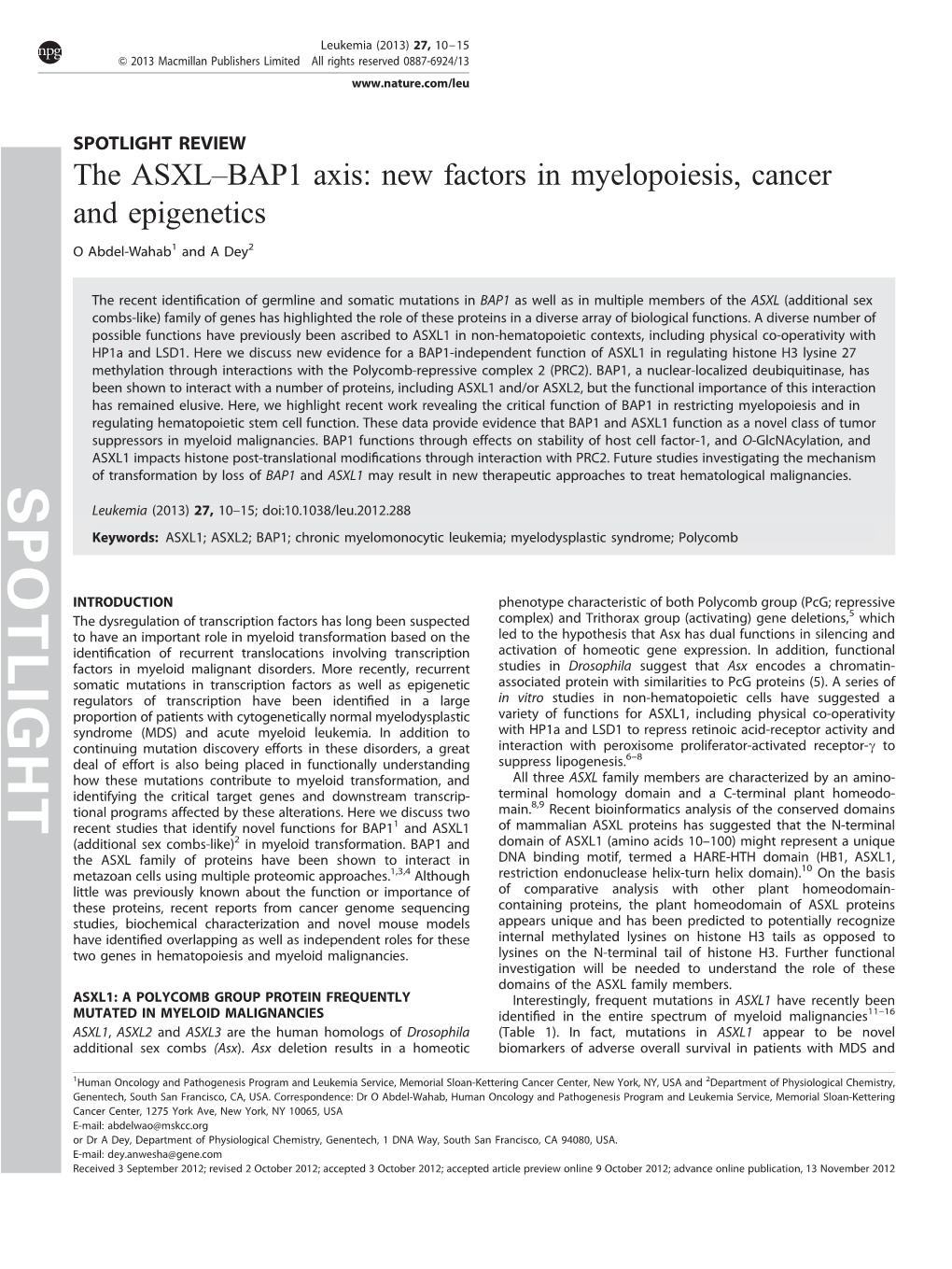 BAP1 Axis: New Factors in Myelopoiesis, Cancer and Epigenetics