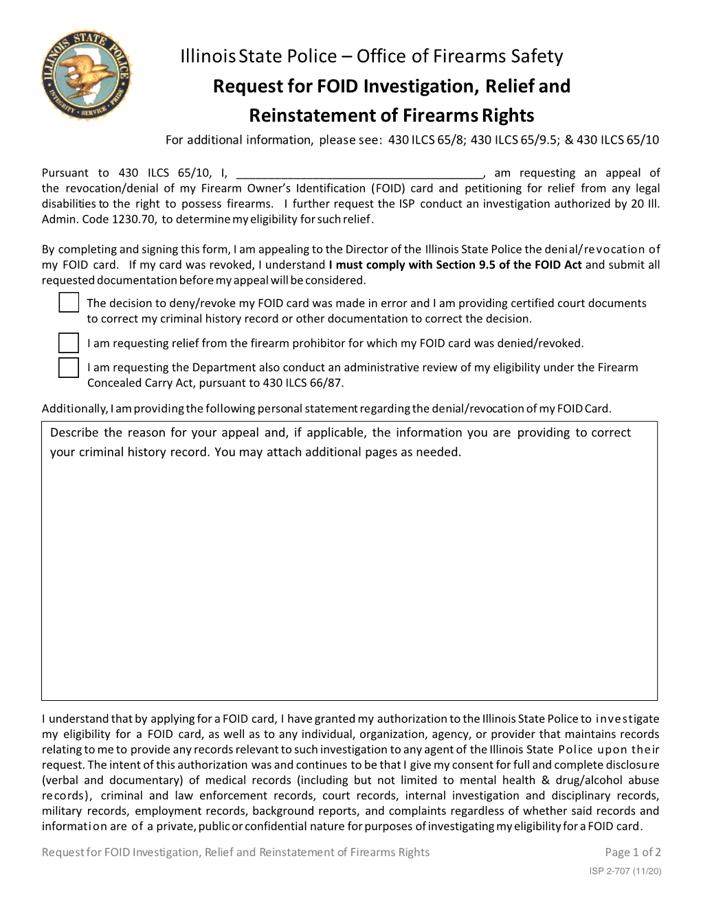 Office of Firearms Safety Request for FOID Investigation, Relief And