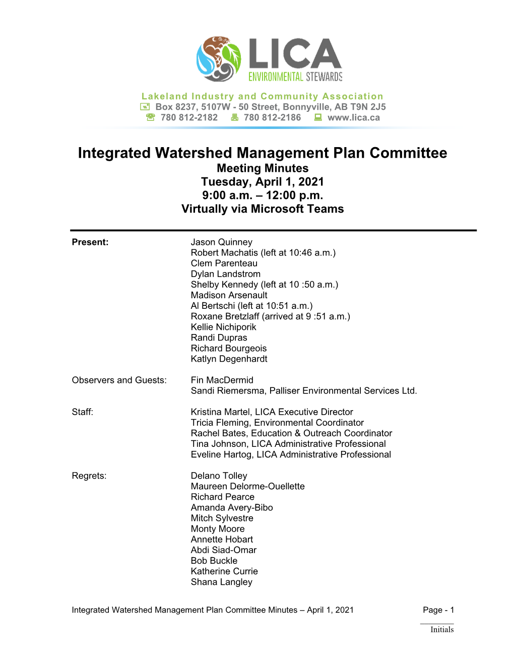 Integrated Watershed Management Plan Committee Meeting Minutes Tuesday, April 1, 2021 9:00 A.M