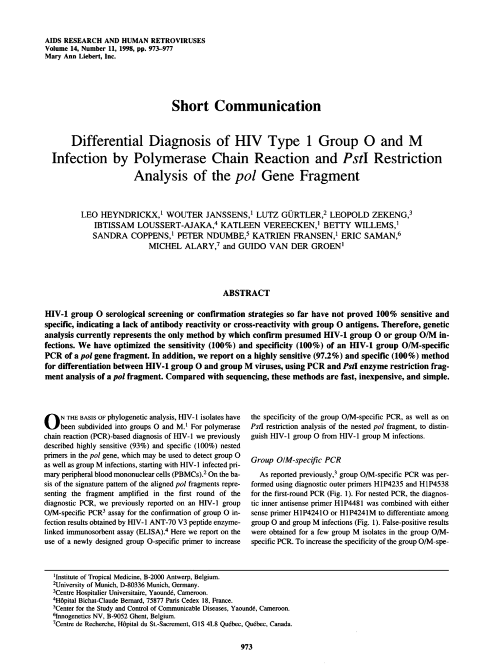 Differential Diagnosis of HIV Type 1 Group O and M Infection by Polymerase Chain Reaction and Pstl Restriction Analysis of the Pol Gene Fragment