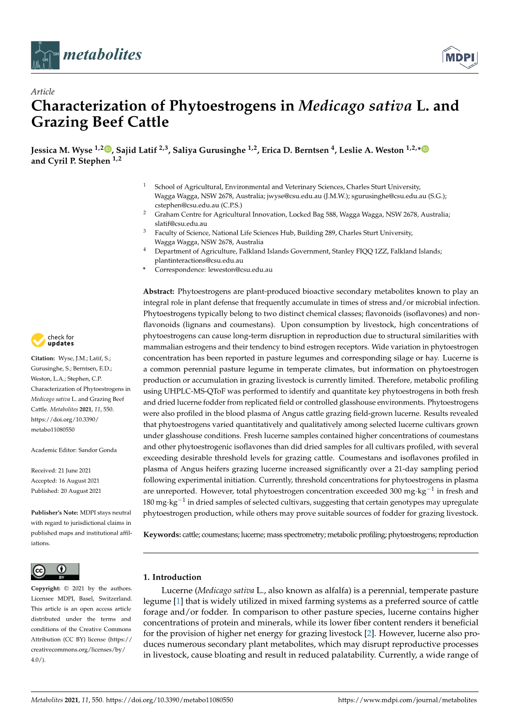 Characterization of Phytoestrogens in Medicago Sativa L. and Grazing Beef Cattle