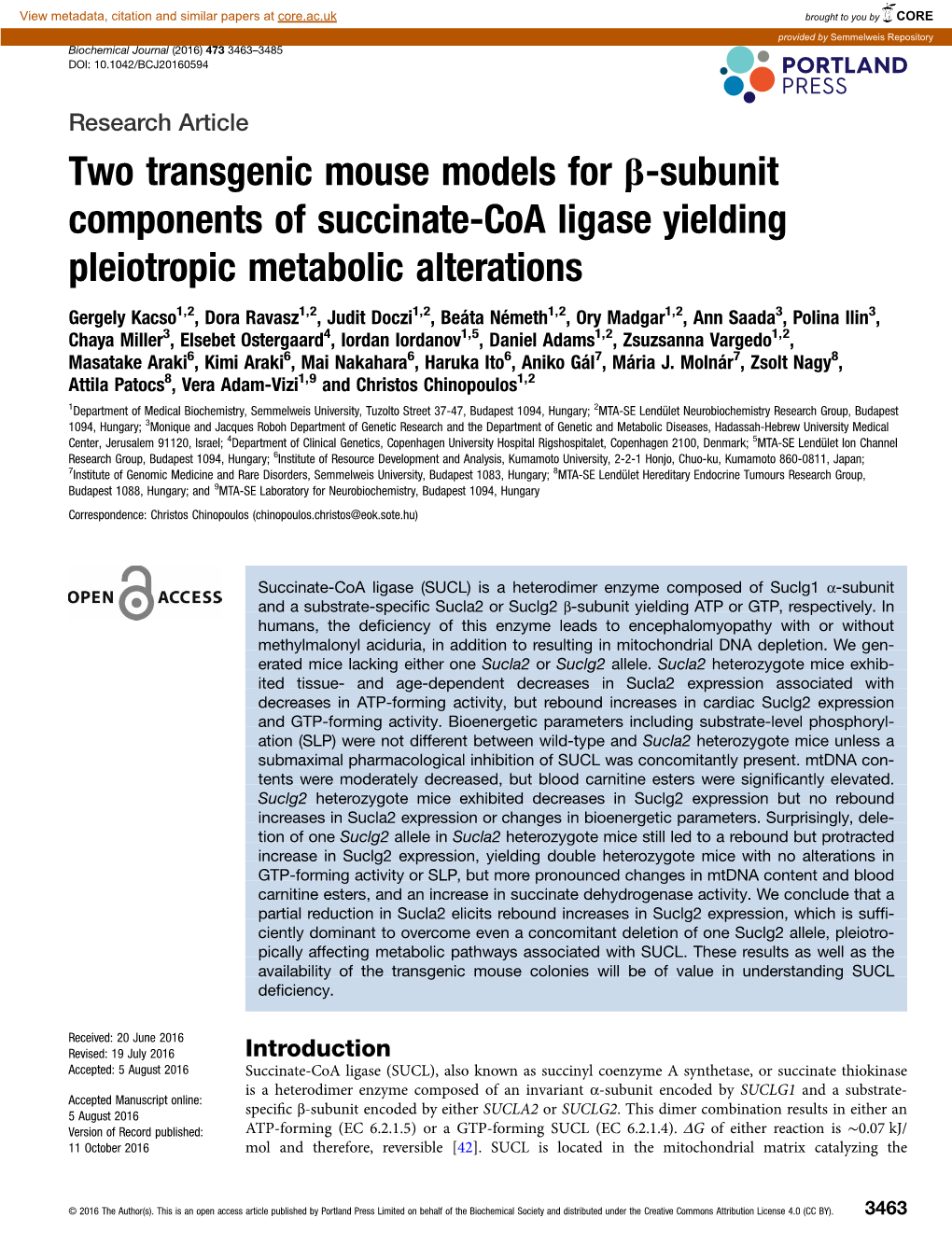 Two Transgenic Mouse Models for Β-Subunit Components of Succinate-Coa Ligase Yielding Pleiotropic Metabolic Alterations