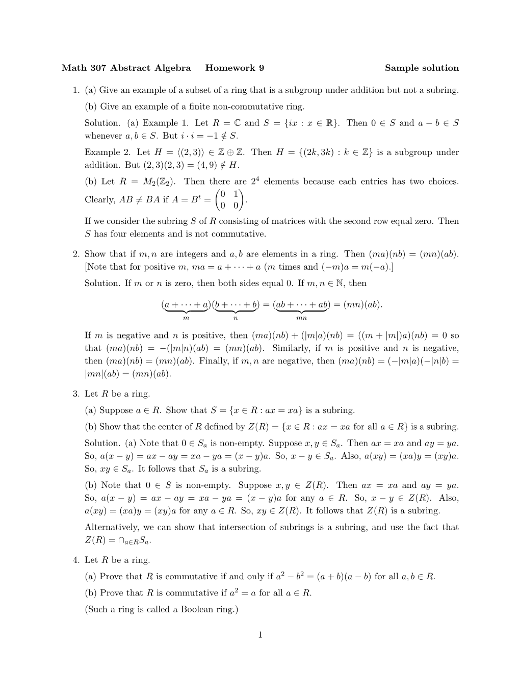 (A) Give an Example of a Subset of a Ring That Is a Subgroup Under Addition but Not a Subring