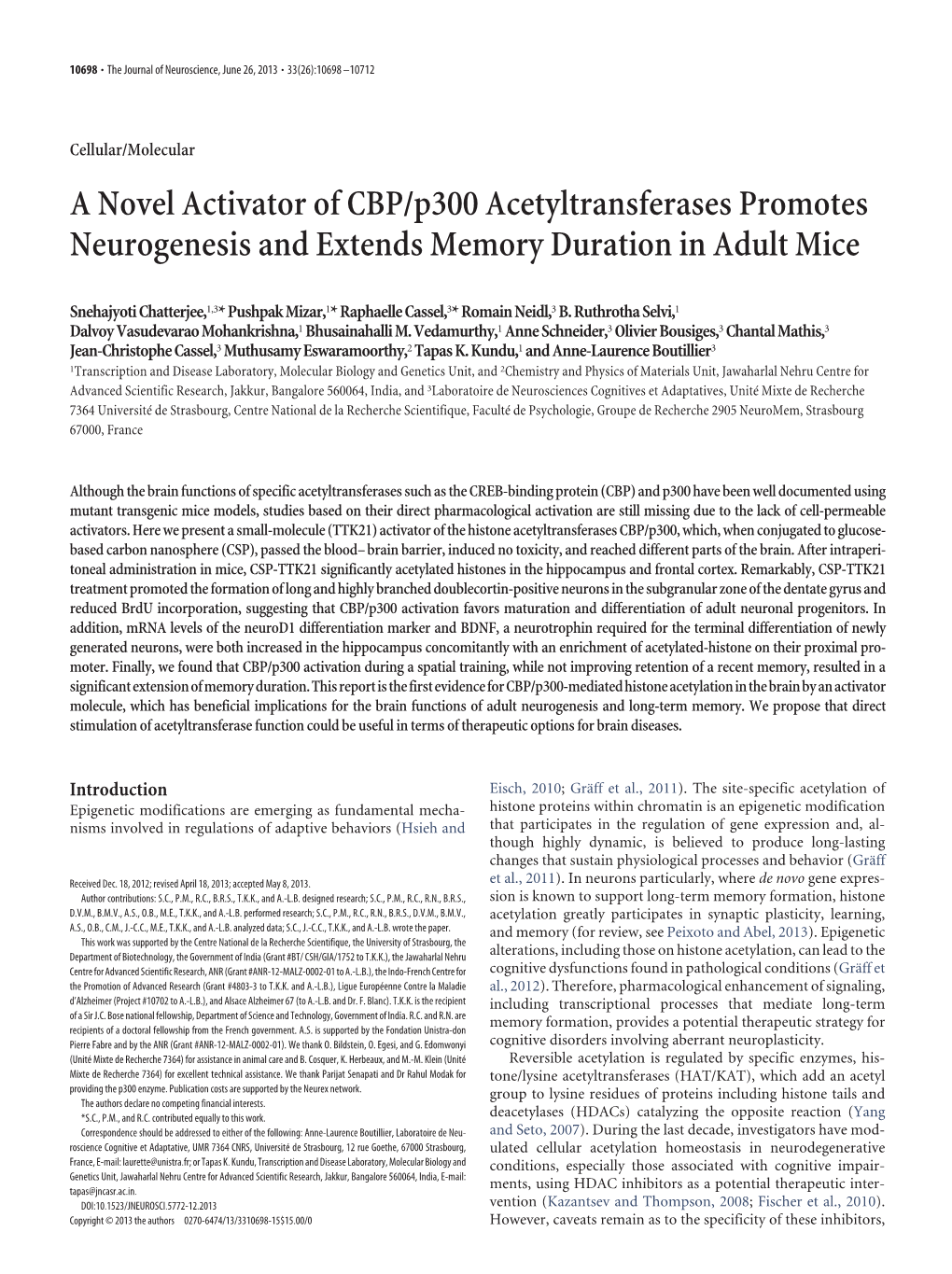 A Novel Activator of CBP/P300 Acetyltransferases Promotes Neurogenesis and Extends Memory Duration in Adult Mice