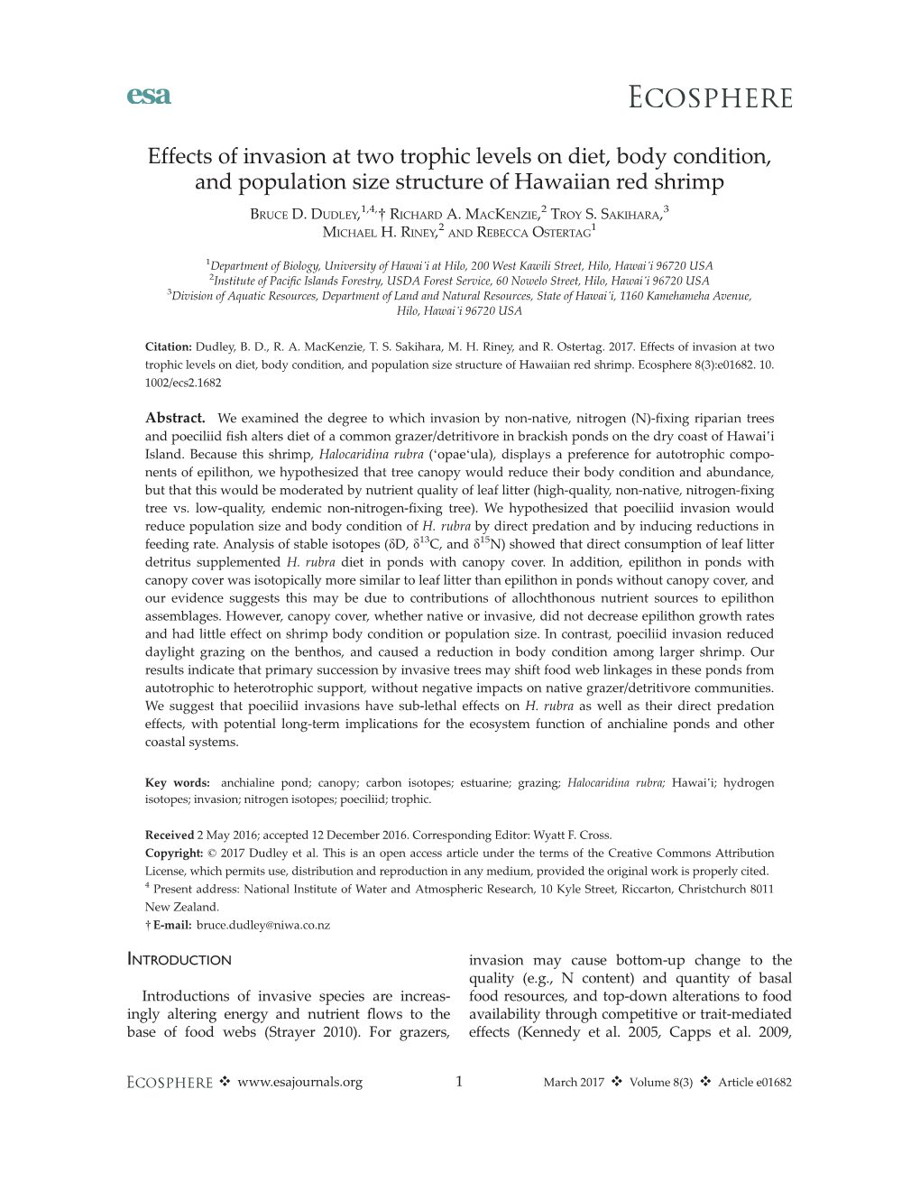 Effects of Invasion at Two Trophic Levels on Diet, Body Condition, and Population Size Structure of Hawaiian Red Shrimp 1,4, 2 3 BRUCE D