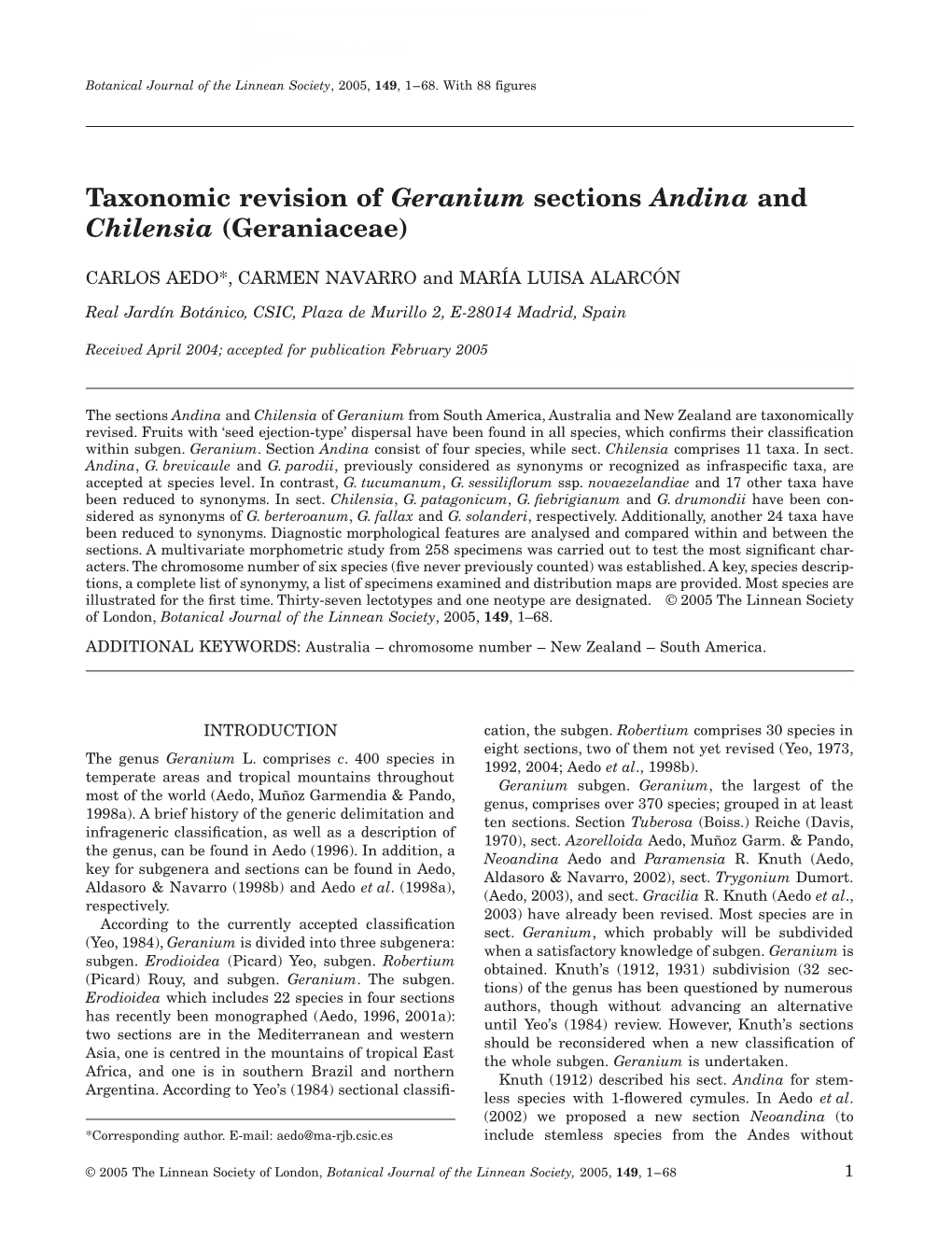 Taxonomic Revision of Geranium Sections Andina and Chilensia (Geraniaceae)