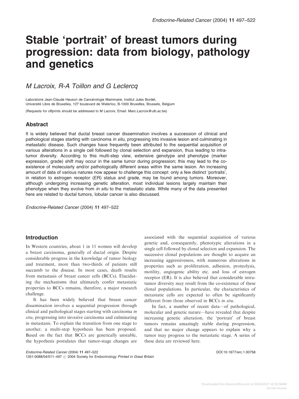 Of Breast Tumors During Progression: Data from Biology, Pathology and Genetics