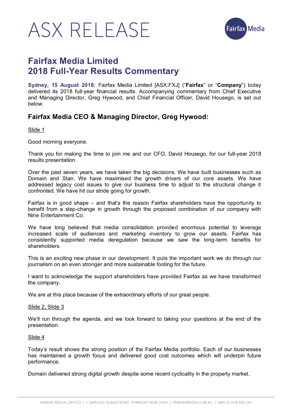 Fairfax Media Limited 2018 Full-Year Results Commentary