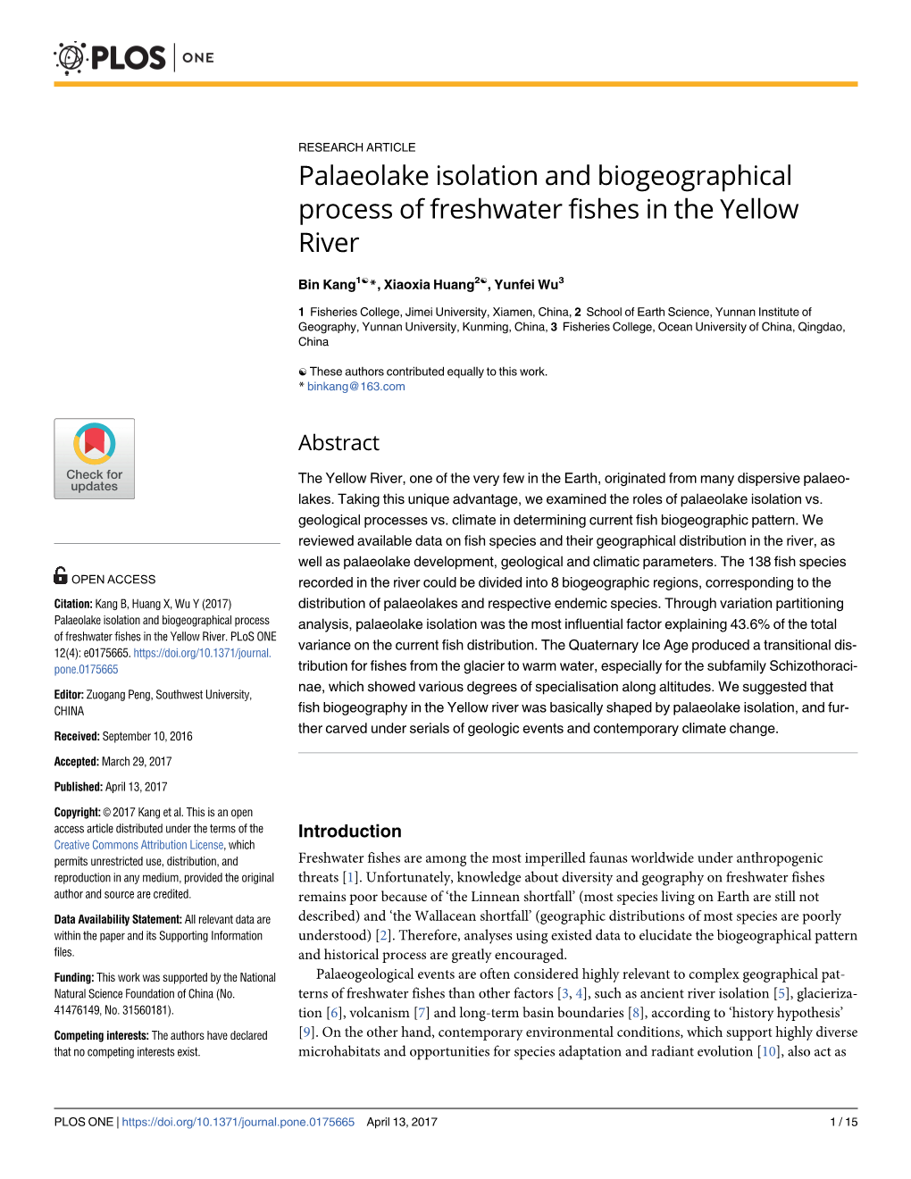 Palaeolake Isolation and Biogeographical Process of Freshwater Fishes in the Yellow River