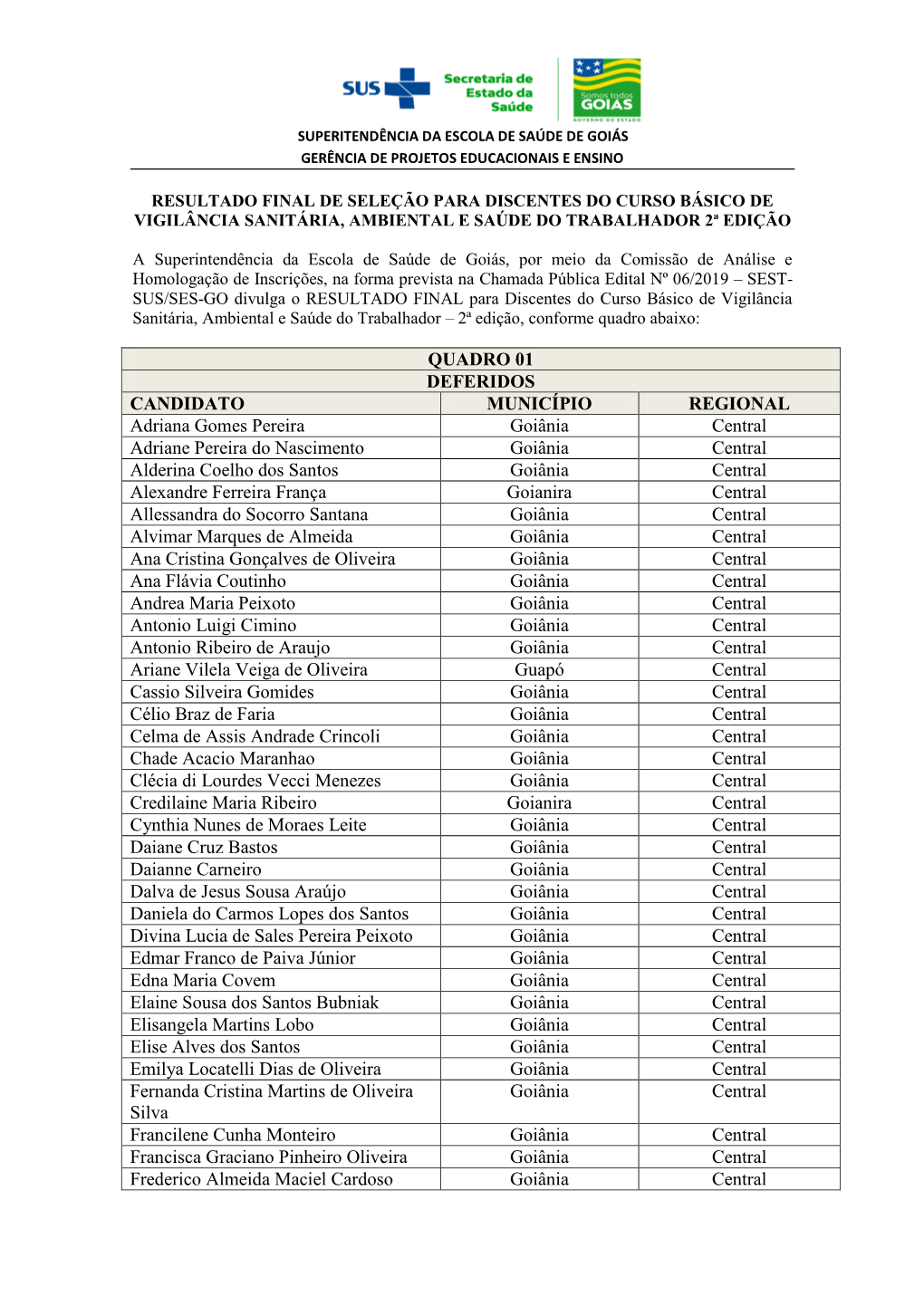 Resultado Final De Seleção Para Discentes Do Curso Básico De Vigilância Sanitária, Ambiental E Saúde Do Trabalhador 2ª Edição