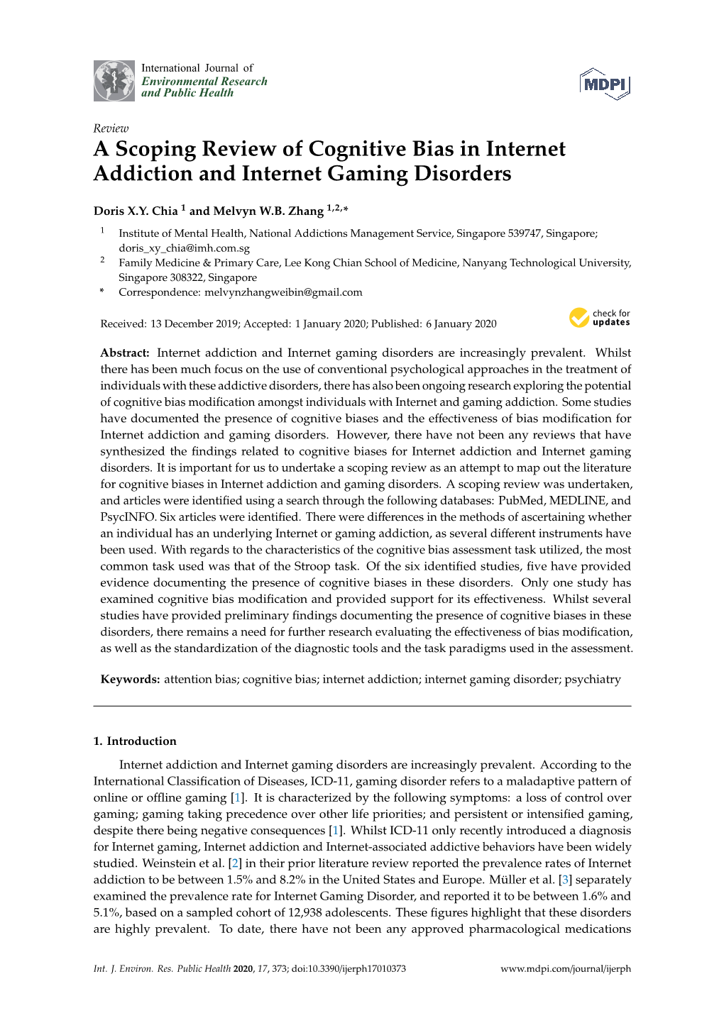 A Scoping Review of Cognitive Bias in Internet Addiction and Internet Gaming Disorders