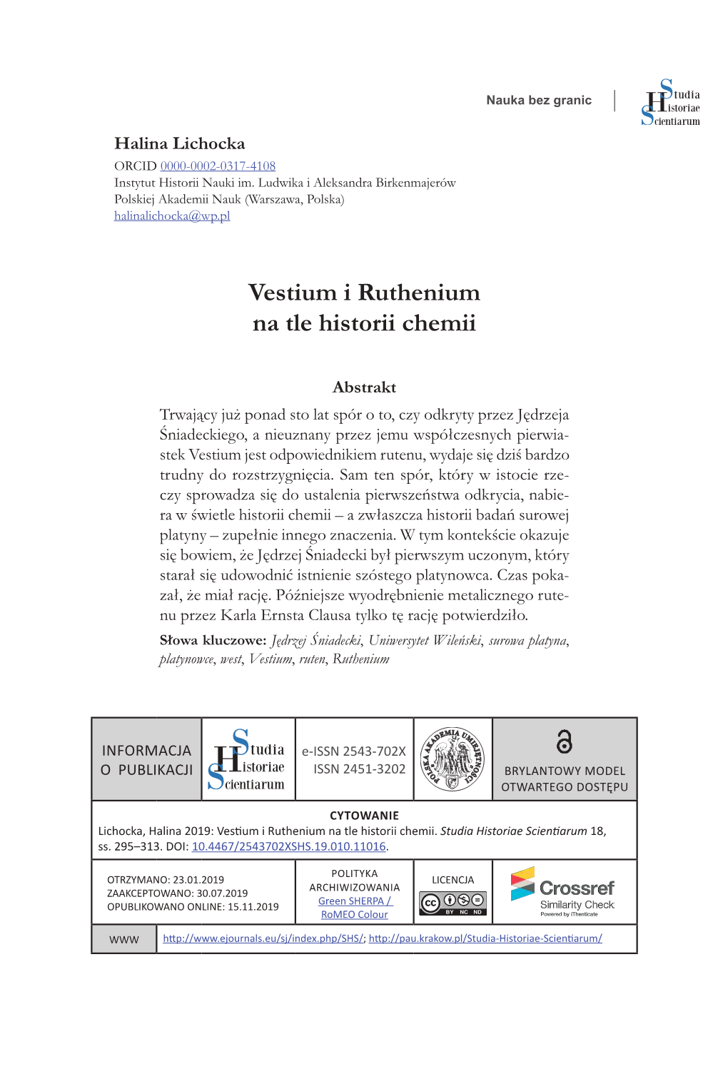 Vestium I Ruthenium Na Tle Historii Chemii. Studia Historiae Scientiarum 18, Ss