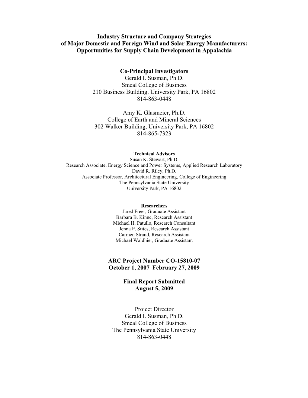 Industry Structure and Company Strategies of Major Domestic and Foreign Wind and Solar Energy Manufacturers: Opportunities for Supply Chain Development in Appalachia