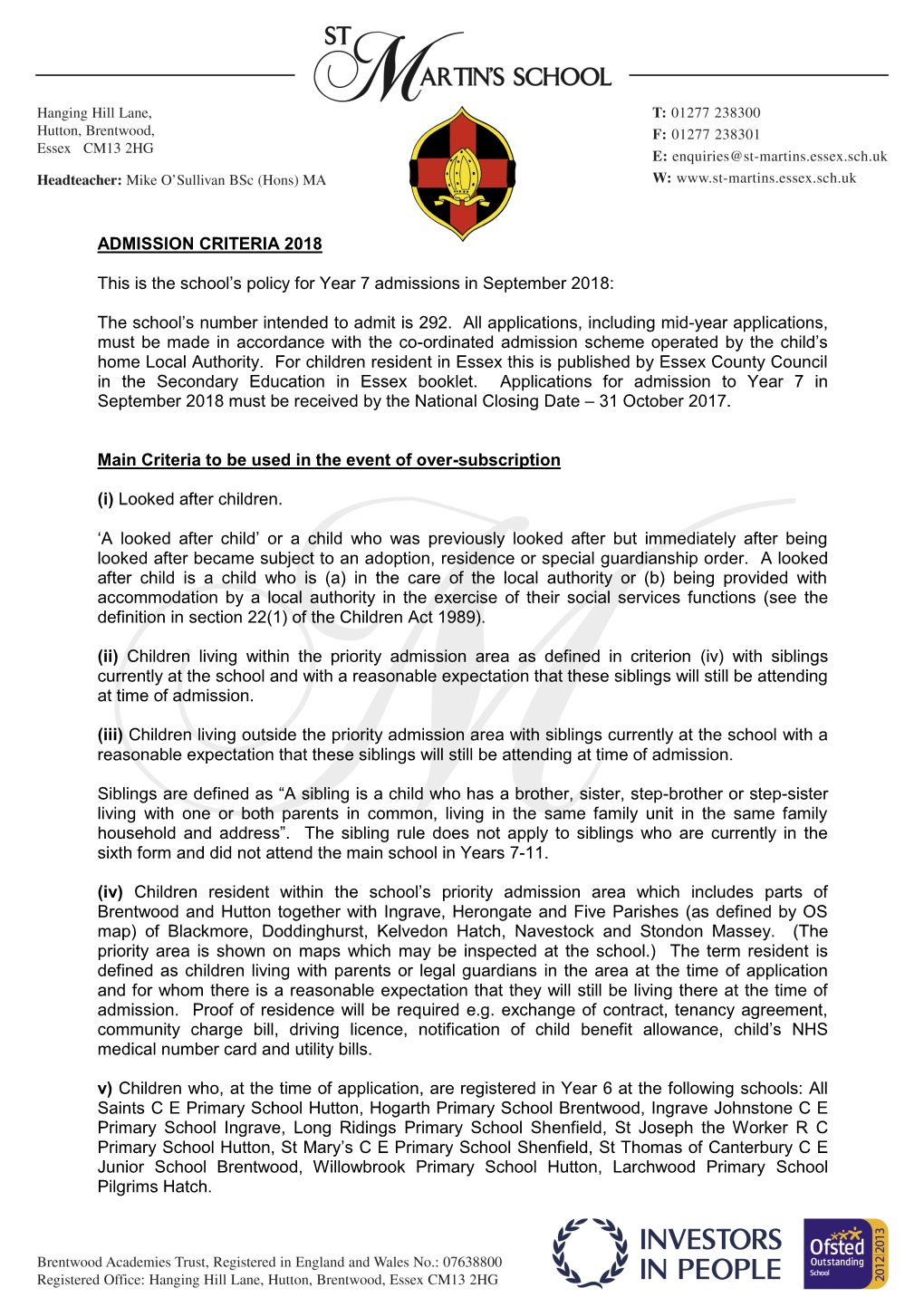 ADMISSION CRITERIA 2018 This Is the School's