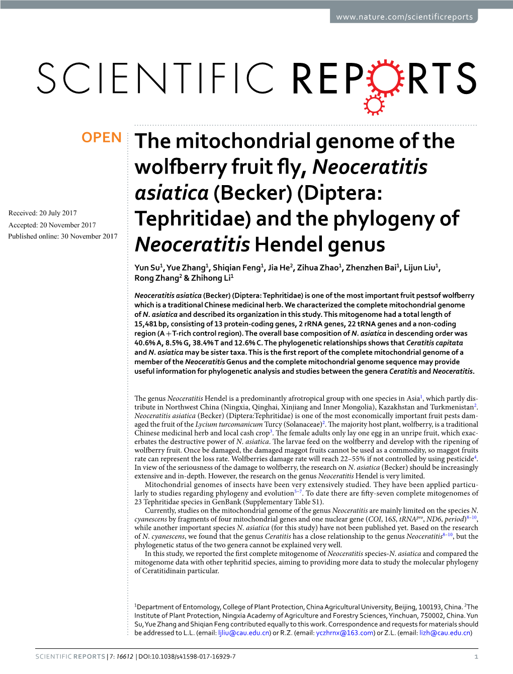 (Diptera: Tephritidae) and the Phylogeny Of