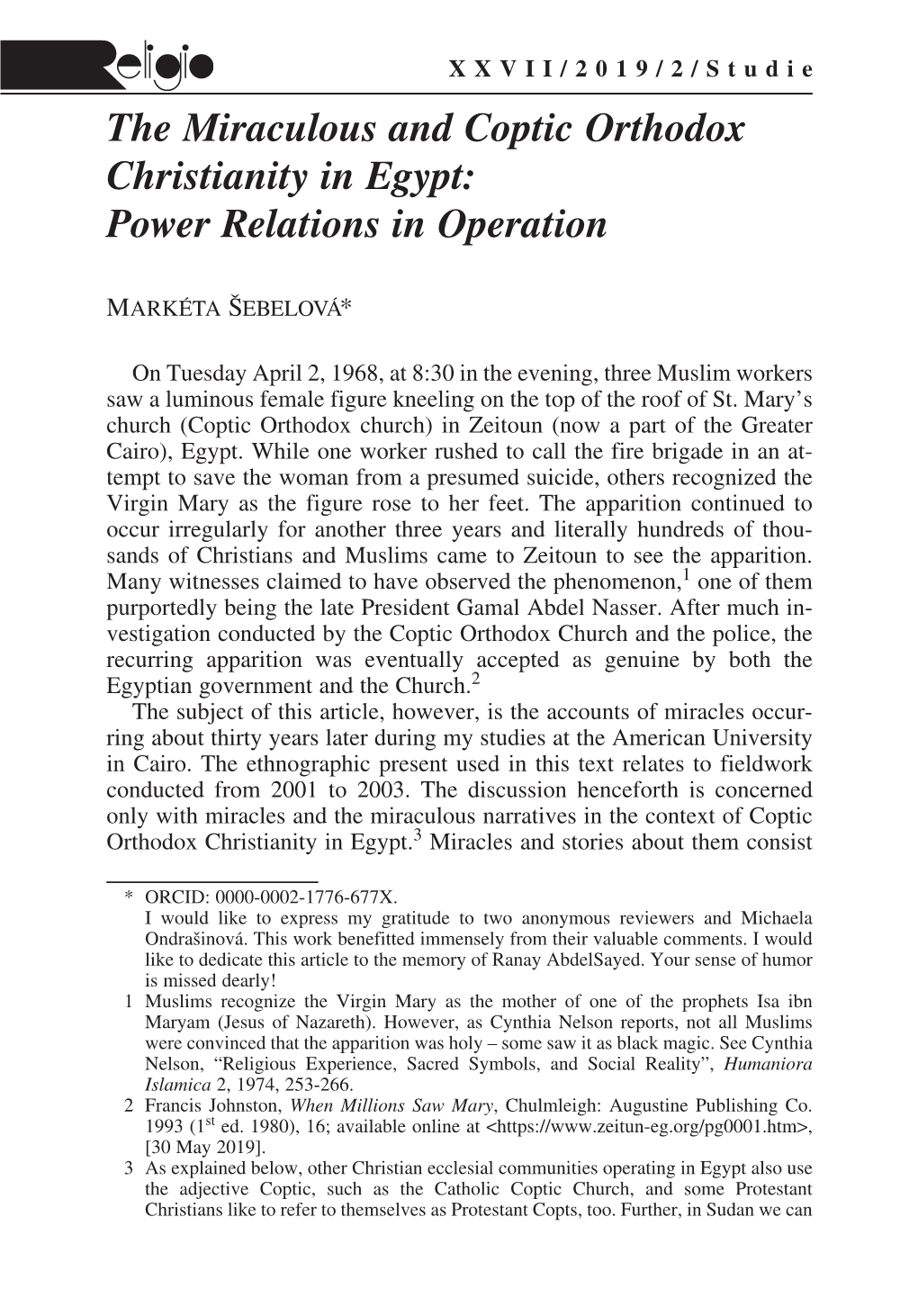 The Miraculous and Coptic Orthodox Christianity in Egypt: Power Relations in Operation