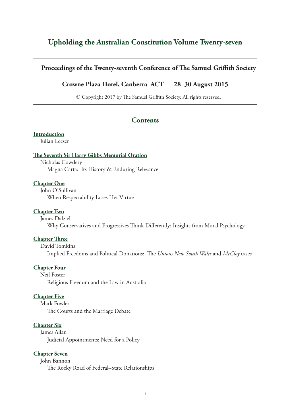 Proceedings of the Samuel Griffith Society, Volume 27