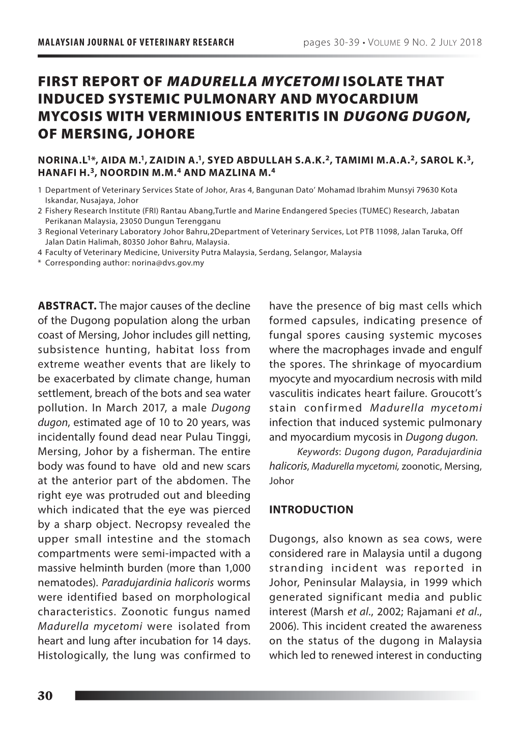 First Report of Madurella Mycetomi Isolate That Induced Systemic Pulmonary and Myocardium Mycosis with Verminious Enteritis in Dugong Dugon, of Mersing, Johore