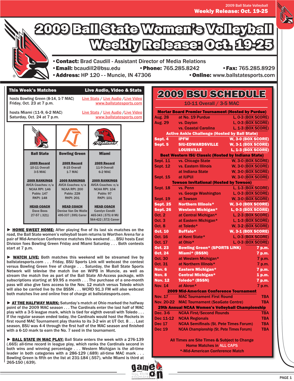 2009 Ball State Women's Volleyball Weekly Release: Oct. 19-25