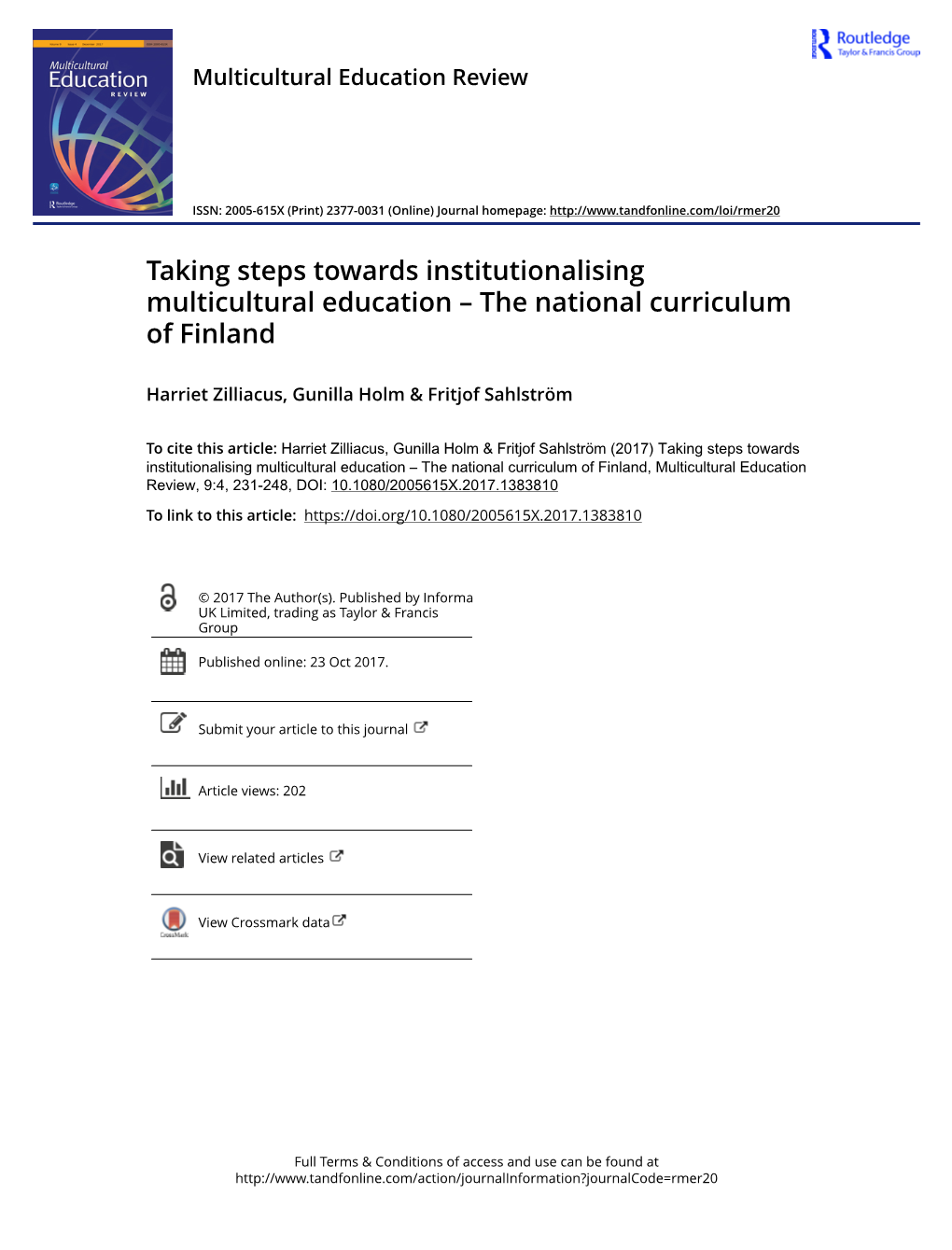 Taking Steps Towards Institutionalising Multicultural Education – the National Curriculum of Finland